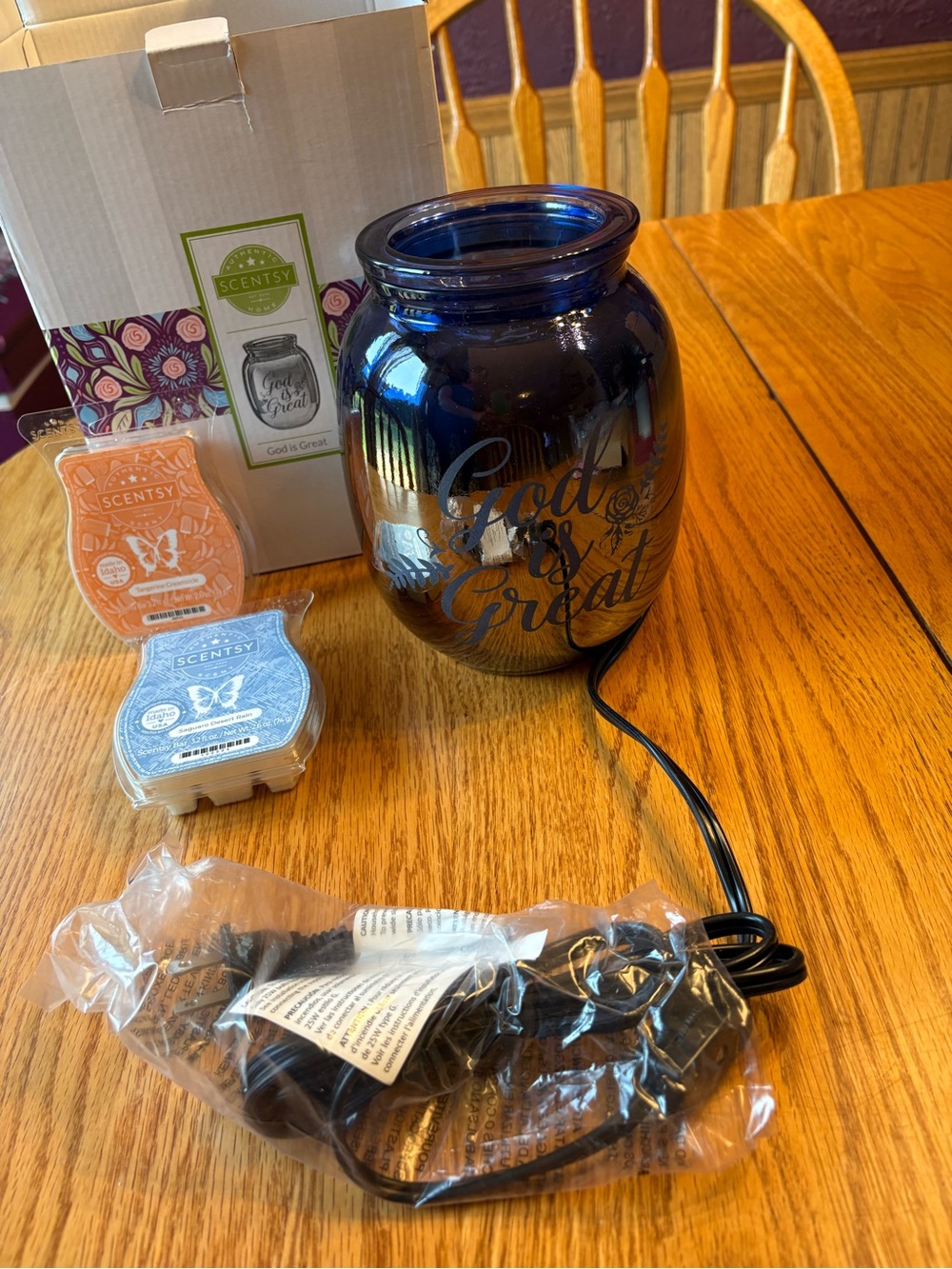 Scentsy Cobalt Blue Glass Warmer with 'God is Great' Script